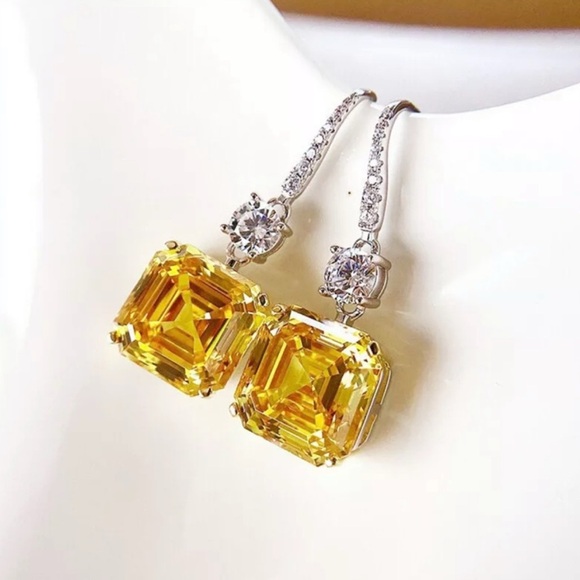 Silver Citrine Yellow Diamond Cubic Zirconia Dangle Earrings - Picture 2 of 6